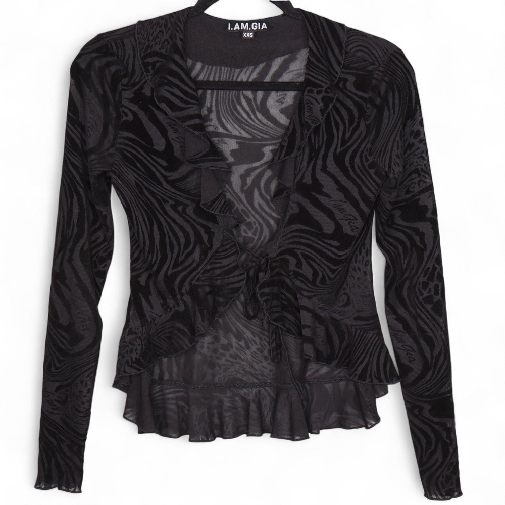 I AM GIA Size XXS Black Mesh Ruffle Tie Front Long Sleeve Velvet Sheer Top